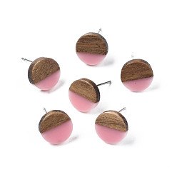 Pink Серьги-гвоздики из непрозрачной смолы и орехового дерева, с 316 штифтов из нержавеющей стали, плоско-круглые, розовые, 10 мм, штифты : 0.7 мм