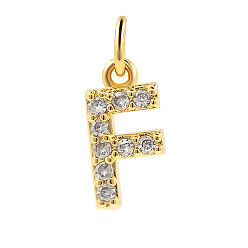 Letter F Подвески из латуни с фианитами и переходными кольцами, реальный 18 k позолоченный, буква a, 15.5x7.8x2.2 мм, отверстие : 2.8 мм