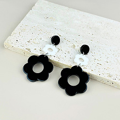 Черный Акриловые полые серьги-гвоздики с цветком, с пинами из нержавеющей стали , платина, чёрные, 75 мм