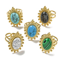 Настоящее золото 18K Ионное покрытие (ip) 304 открытые манжеты из нержавеющей стали, Овальные кольца на палец из синтетического малахита и бирюзы для женщин и мужчин, реальный 18 k позолоченный, регулируемый