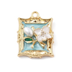 Бледно-бирюзовый Подвески из эмали и сплава, прямоугольник с цветочной подвеской, с пластмассовой жемчужиной abs, бледные бирюзовая, 25.5x19x5 мм, отверстие : 2 мм