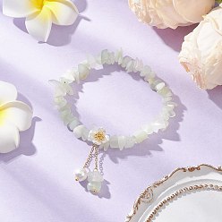 Новый Нефрит Браслеты с подвесками из натурального нефрита и бусинами, эластичные браслеты для женщин, с ракушечником и искусственным жемчужным цветком из АБС-пластика, внутренний диаметр: 1-7/8~2 дюйм (4.8~5.2 см)