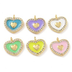 (52) Непрозрачная лаванда Стойка покрытие латунь микропаве прозрачный кубический цирконий с эмалевыми подвесками, долговечный, без свинца и без кадмия, реальный 18 k позолоченный, сердце, разноцветные, 12x11.5x2 мм, отверстие : 1.2 мм