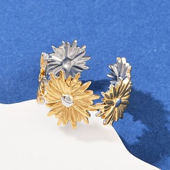 Цветок 304 двухцветные манжетные кольца из нержавеющей стали, ионное покрытие (ip), золотые и нержавеющая сталь цвет, цветок, 14 мм, внутренний диаметр: регулируемый