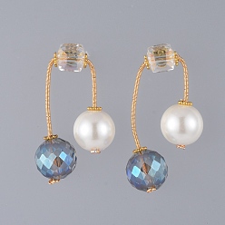 Blue (Jewelry Parties Factory Sale)Round Eco-Friendly Glass Pearl & Glass Beads Ear Studs, with 304 Stainless Steel Ear Stud Findings, Copper Wire and Plastic Ear Nuts, Earring Backs, Blue, 40mm, Pin: 0.6mm