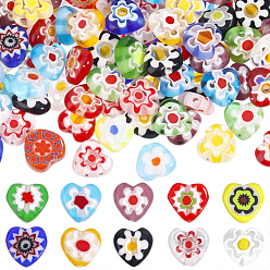 Color mezclado 180 piezas de cuentas de vidrio millefiori hechas a mano, corazón, color mezclado, 8x8x3 mm, agujero: 1 mm
