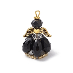 Черный Граненые подвески стекла, ангельское очарование, с крылом из античного золотого сплава и золотой железной петлей, стеклянными жемчужными бусинами и стеклянными бусинами, чёрные, 31x20x20 мм, отверстие : 2 мм