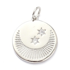 Платинированный Латунные микропаве прозрачные подвески с фианитом, с целью перехода в кольце, долговечный, Плоский круглый с луной и звездой, Реальная платина, 22x20x2 мм, Перейти кольцо: 6x1 мм, 4 мм внутренним диаметром