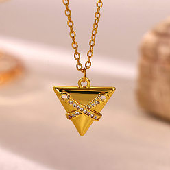 Triangle Brass Micro Pave Clear Cubic Zirconia Pendant Necklaces, Real 18K Gold Plated, Triangle, 14.96 inch(38cm), pendant: 17x17mm