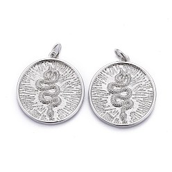 Платина Латунные подвески, долговечный, с целью перехода в кольце, плоские круглые со змеей, Реальная платина, 22x20x2.5 мм, отверстие : 3 мм