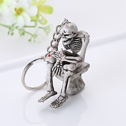 Gainsboro Skull Sitting on Toilet Pendant Keychain, Alloy & Rubber Keychain with Split Key Ring, Cool Punk Smoking Skull Keychain, Gainsboro, 12cm