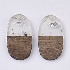 Silver Resin & Walnut Wood Pendants, with Silver Foil, Oval, Silver, 27.5x15x3.5~4.5mm, Hole: 1.8mm