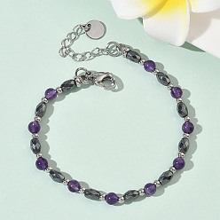 Аметист Браслеты из бусин натурального аметиста и немагнитного синтетического гематита для женщин, с 201 нержавеющей сталью и 304 фурнитурой из нержавеющей стали, бусина : 4 мм и 6x4.5 мм, 7-1/8 дюйм (18.1 см)