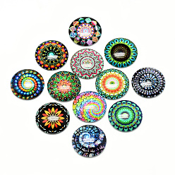Mixed Color Printed Glass Flat Back Cabochons, Dome/Half Round, Geometric Flower Theme, Mixed Color, 25x6.5mm