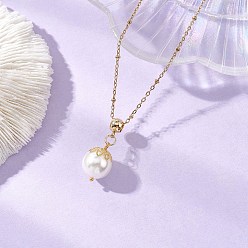 Золотой Кулон из белой круглой ракушки с жемчужиной 304 ожерелья из нержавеющей стали с цепочкой-спутником, золотые, 16.61 дюйм (42.2 см)