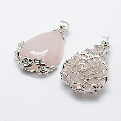 Розовый Кварц Природного розового кварца подвески, с латунной фурнитурой , слеза, платина, 40.5x27x8.5 мм, отверстие : 4x6.5 мм