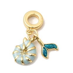 Настоящее золото 18K Подвески в виде европейских шармов из латуни с эмалью в морском стиле, подвески в форме раковины, хвост русалки с большим отверстием, долговечный, без кадмия и без свинца, стойки покрытие, синие, реальный 18 k позолоченный, 26 мм, отверстие : 4.5 мм