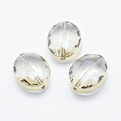 Light Yellow Glass Beads, with Brass Findings, Faceted, Oval, Golden, Light Yellow, 16x12x8mm, Hole: 1mm