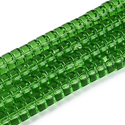 Зеленый Прозрачные стеклянные бусины, плоско-круглые, зелёные, 6~6.5x3~3.5 мм, отверстие : 0.8~1 мм, около 112~120 шт / нитка, 14.57~15.16'' (37~38.5 см)