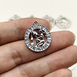 Водолей Подвески из сплава со стразами на тему созвездий, плоские круглые прелести, серебряные, Водолей, 24x21 мм