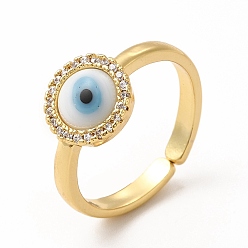 White Lampwork Evil Eye Open Cuff Ring with Clear Cubic Zirconia, Real 18K Gold Plated Brass Jewelry for Women, White, Inner Diameter: 17mm