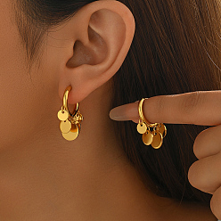 Настоящее золото 18K Плоские круглые серьги-люстры из нержавеющей стали, реальный 18 k позолоченный, 6~10 мм