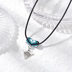Темно-бирюзовый Ожерелья из стеклянных бусин и сплава с подвесками в виде треугольников от сглаза, ожерелья из черного вощеного хлопкового шнура для женщин, античное серебро, темные бирюзовый, 17.72 дюйм (45 см)
