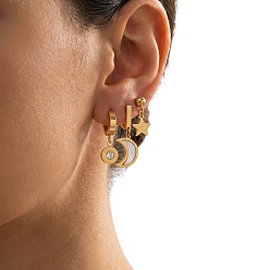 Белый 3 комплекты из двух сережек-колец и сережек-гвоздиков из нержавеющей стали с эмалью, со стразами, золотые, звезда и луна и плоская круглая, белые, 304 мм