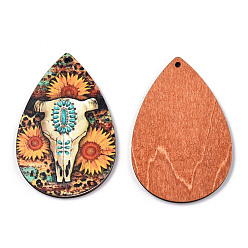 (461) Высокий Металлик Виноград Односторонние большие подвески из дерева с принтом подсолнуха, очарование слезы, старое кружево, образец крупного рогатого скота, 60x40x3 мм, отверстие : 2 мм