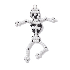 White Seed Beads Beaded Charms, Skull Pendants, White, 63x39x3.5mm, Hole: 3.4mm