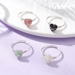 Серебро Драгоценный камень кольца палец, сердце, с латунными бусинами и экологически чистой медной проволокой, серебряные, внутренний диаметр: 18 мм, 1 шт / стиль