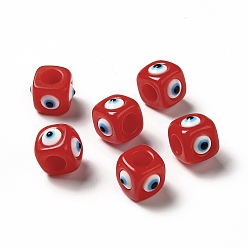 FireBrick Resin Evil Eye European Beads, Large Hole Bead, Cube, FireBrick, 12.5x14~14.5x14~14.5mm, Hole: 6mm