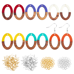 Mixed Color DIY Dangle Oval Earring Making Kits, 1 Box 12Pcs Resin & Walnut Wood Pendants, 60Pcs Iron Earring Hooks, 100Pcs Jump Rings, Mixed Color, 28.5x19.5x3~4mm, Hole: 1.8mm, 6 style, 2pcs/style, 12pcs