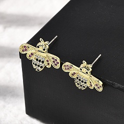 Настоящее золото 18K Серьги-гвоздики из латуни с разноцветными кубическими цирконами в виде пчел, без кадмия и без свинца, долговечный, стойки покрытие, реальный 18 k позолоченный, 14.5x19 мм