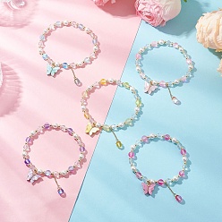 (52) Непрозрачная лаванда 5шт. браслеты из круглых бусин из матового синтетического лунного камня и ракушечного жемчуга, браслеты с подвесками в виде бабочки из сплава и акрила для женщин, разноцветные, внутренний диаметр: 2-1/8 дюйм (5.5 см)