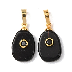 Обсидиан Природные подвески обсидиана, Овальные подвески с латунной микрофиброй и отделкой из кубических цирконий, золотые, 20x12x5 мм, отверстие : 7x4 мм