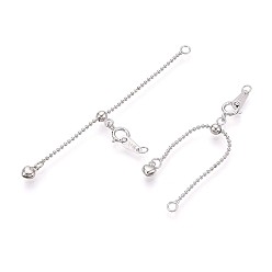 Платина 925 удлинители цепочек из стерлингового серебра, сердце, с застежками в виде когтей лобстера и подвесками, платина, 62x5.5 мм, отверстие : 1.6~2 мм