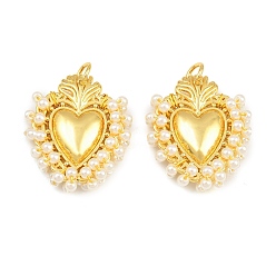White Alloy & Glass Seed Beaded Pendants, Heart Charm, Long-Lasting Plated, Rack Plating, Cadmium Free & Lead Free, with Brass Jump Ring, Golden, White, 32x27x8mm, Hole: 5mm