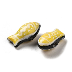 Yellow Handmade Printed Porcelain Beads, Famille Rose Porcelain, Fish, Yellow, 11x21.5~22x9mm, Hole: 1.5~1.8mm