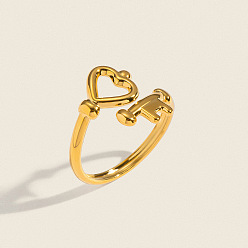 Real 18K Gold Plated 304 Stainless Steel Cuff Open Rings for Women, Heart with Key, Real 18K Gold Plated, US Size 7 1/4(17.5mm)