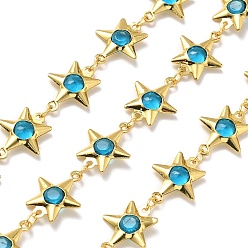 Темно-Голубой Латунные цепи со стеклянными звеньями, с подвесками в виде звезд и катушкой, долговечный, пайки, без свинца и без кадмия, стойки покрытие, реальный 18 k позолоченный, глубокое синее небо, 14x10.5x3 мм