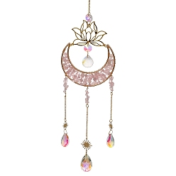 Rose Quartz Moon Natural Rose Quartz Chips Hanging Suncatcher, Metal Lotus and Glass Teardrop Charms for Window Prism Wall Decor, 550x100x20mm