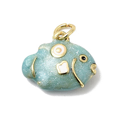 Средний Бирюзовый Латунь эмаль подвески, рыбы прелести, долговечный, без кадмия и без свинца, с целью перехода в кольце, золотые, средне бирюзовый, 13x16x5 мм, отверстие : 3 мм