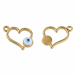 Белый 201 нержавеющей стальной эмали подвески, сердце с сглаза, золотые, белые, 15x17x3 мм, отверстие : 1.6 мм