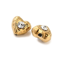 Настоящее золото 18K 304 бусины из нержавеющей стали со стразами, ионное покрытие (ip), сердце, реальный 18 k позолоченный, 9x9.5x7 мм, отверстие : 1.2 мм