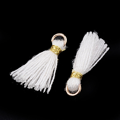 White Polycotton(Polyester Cotton) Tassel Pendant Decorations, Mini Tassel, with Iron Findings and Metallic Cord, Light Gold, White, 10~15x2~3mm, Hole: 1.5mm