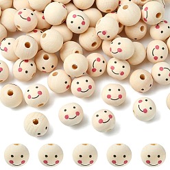 PapayaWhip Natural Wood Beads, Large Hole Beads, Round with Smile Face, PapayaWhip, 19~20x17.5~18mm, Hole: 4.5mm, about 200pcs/500g