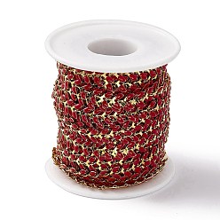 Red Vacuum Plating 304 Stainless Steel Cobs Chains, with Enamel, Soldered, with Spool, Golden, Red, 7x6x1mm