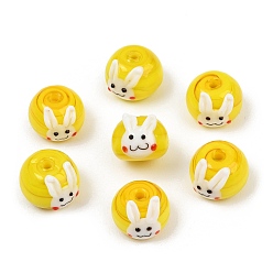 Yellow Handmade Bumpy Lampwork Beads, Round with Rabbit, Yellow, 13.5x10.5mm, Hole: 2.5mm