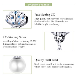 White Rhodium Plated 925 Sterling Silver European Dangle Charms, with Cubic Zirconia and Pearl, Shell & Round, Platinum, White, 21x10mm